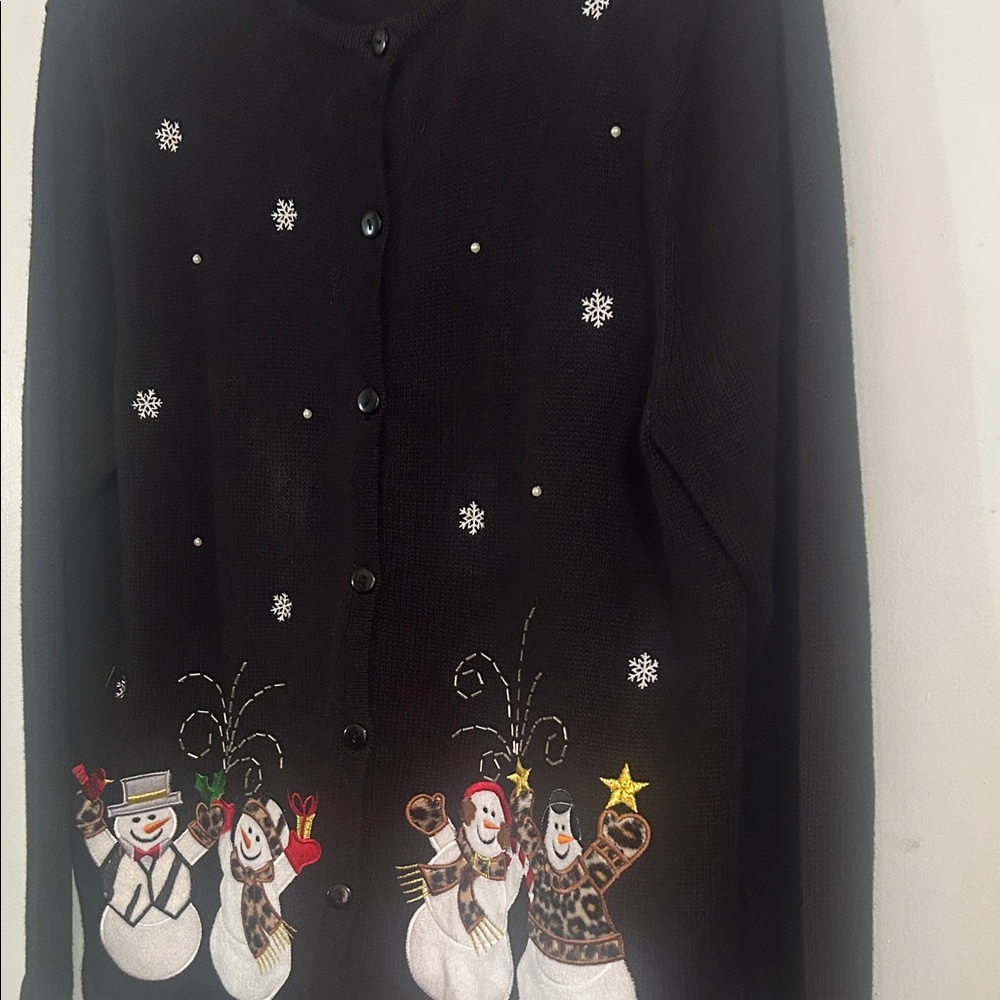 Classic Elements Black Snowman Cardigan. Even has cheetah print!